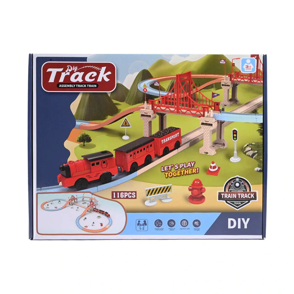 Picture of DIY Train Track Assembly Set - 116 Pcs Wooden Style Track, Motorized Train, and Bridge - by Raja Sahib Kids