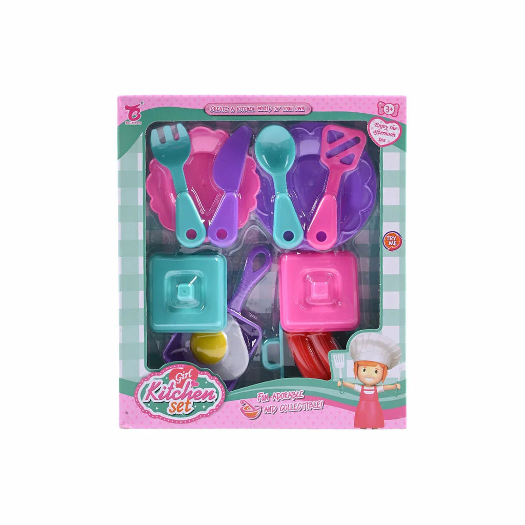 Picture of Girl Kitchen Pretend Play Set - Pink & Aqua Dinnerware and Utensils Kit - by Raja Sahib Kids