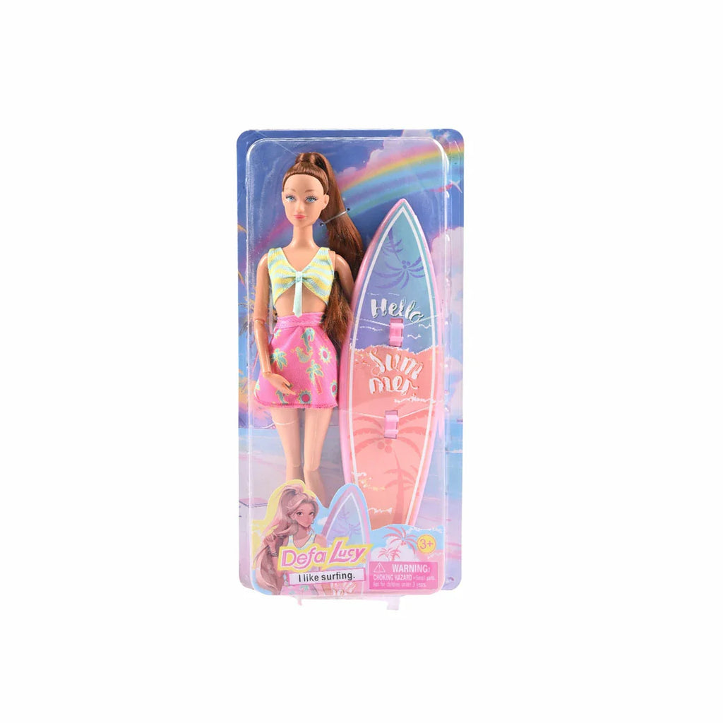 Picture of Defa Lucy Surfing Doll with Custom Board | 11.5-Inch Fully Posable Fashion Doll - by Raja Sahib Kids