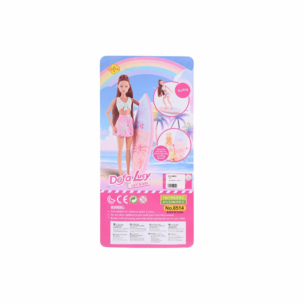 Picture of Defa Lucy Surfing Doll with Custom Board | 11.5-Inch Fully Posable Fashion Doll - by Raja Sahib Kids