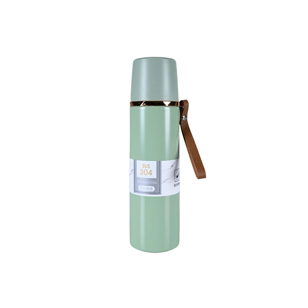 Picture of Sage Green Stainless Steel Thermos with Leather Strap 500ml - by Raja Sahib Kids