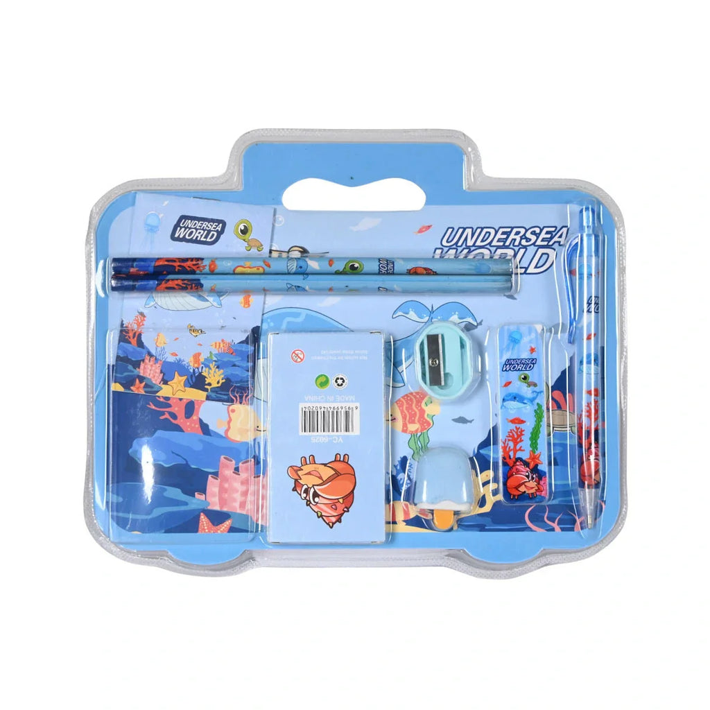 Picture of Complete 8-Piece Pencil & Crayon Gift Set in an Ocean Theme - by Raja Sahib Kids