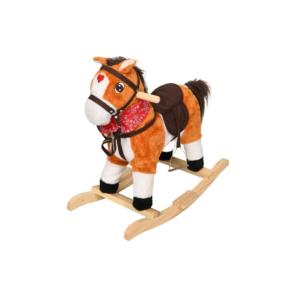 Picture of Classic Brown Plush Rocking Horse with Solid Wood Base and Western-Style Tack - by Raja Sahib Kids