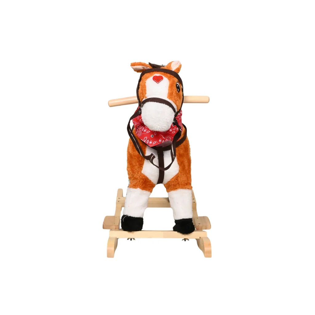 Picture of Classic Brown Plush Rocking Horse with Solid Wood Base and Western-Style Tack - by Raja Sahib Kids