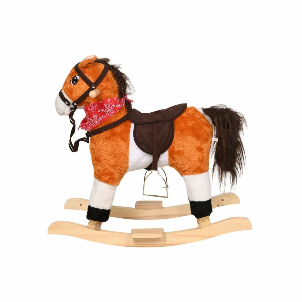 Picture of Classic Brown Plush Rocking Horse with Solid Wood Base and Western-Style Tack - by Raja Sahib Kids