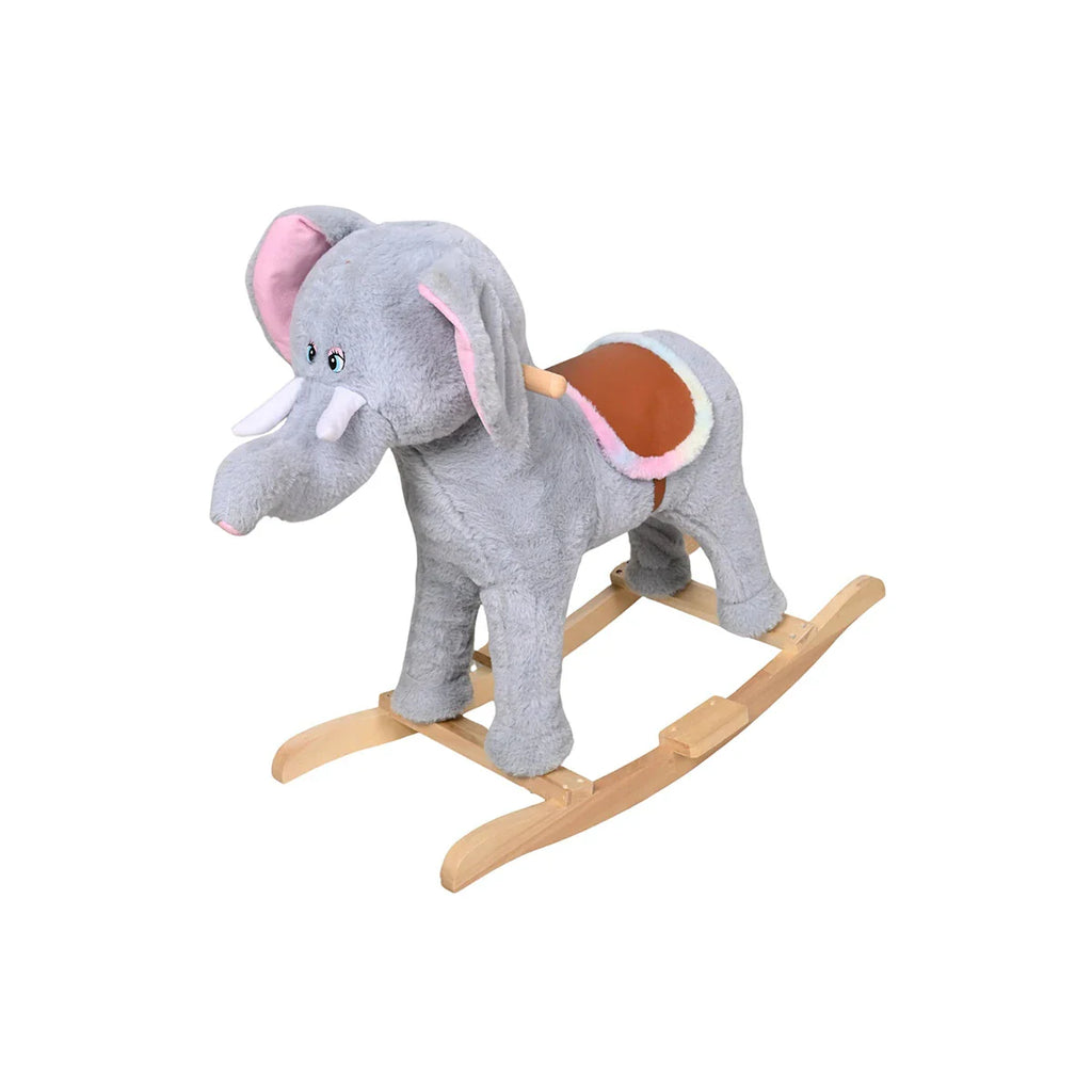 Picture of Soft Plush Elephant Rocker with Rainbow-Trimmed Saddle and Wood Base - by Raja Sahib Kids