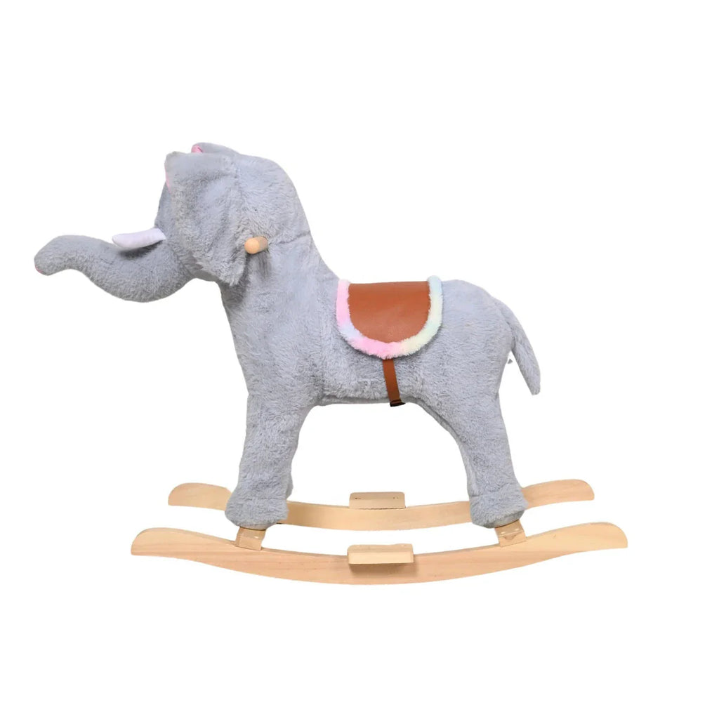 Picture of Soft Plush Elephant Rocker with Rainbow-Trimmed Saddle and Wood Base - by Raja Sahib Kids
