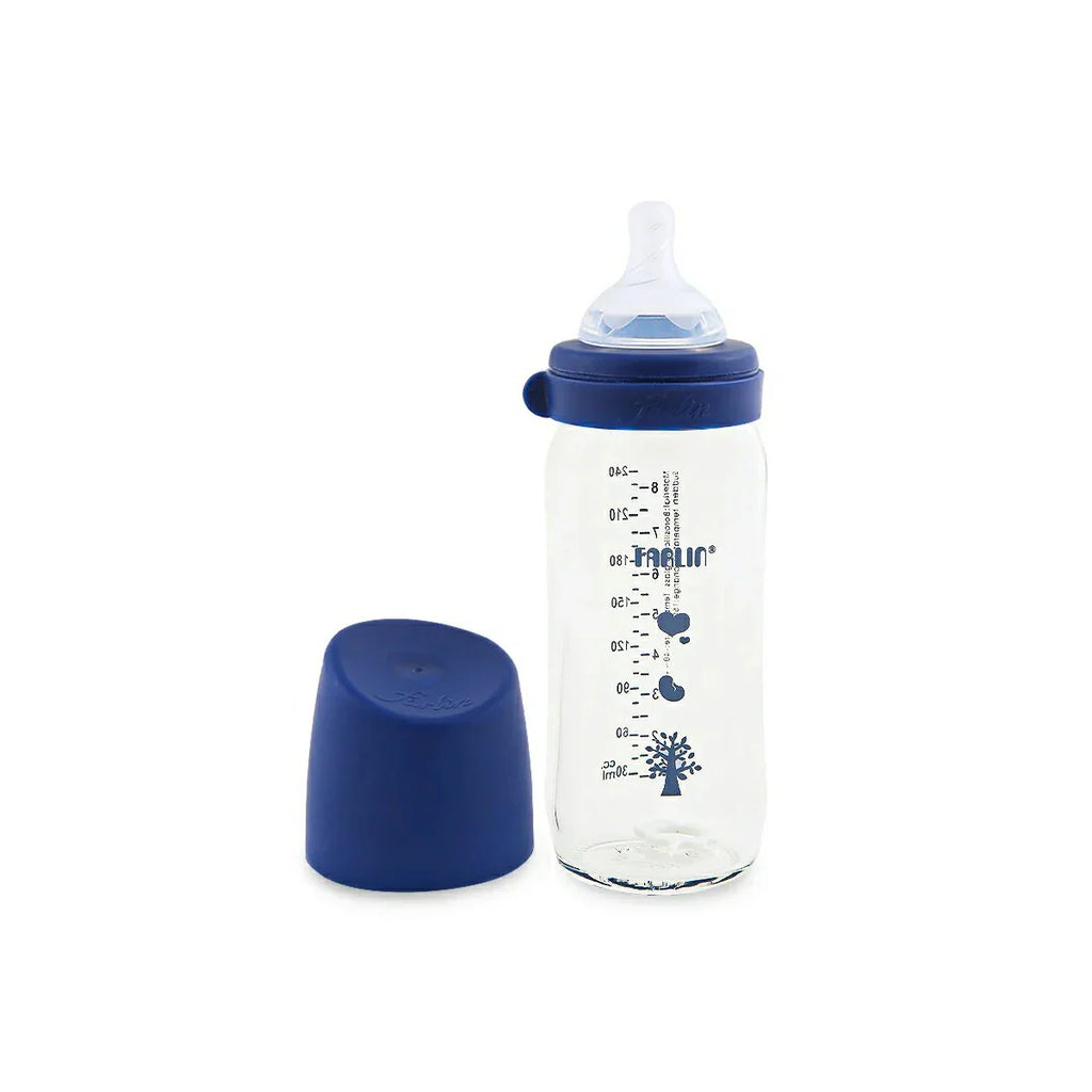 Picture of Farlin Wide Neck Glass Feeding Bottle Blue 3m+ 240ml - by Raja Sahib Kids