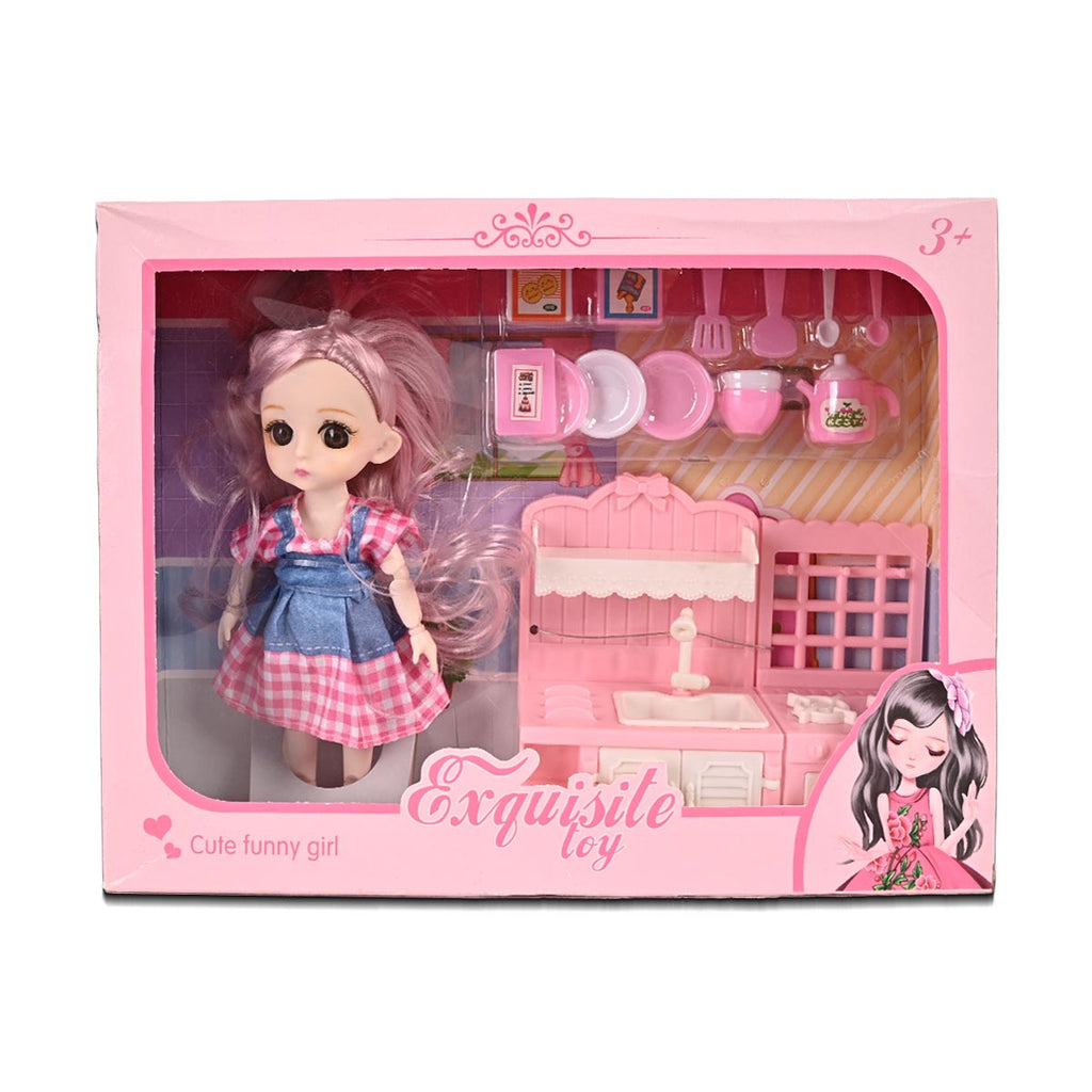 Exquisite Toy Cute Girl Doll With Kitchen - Pink